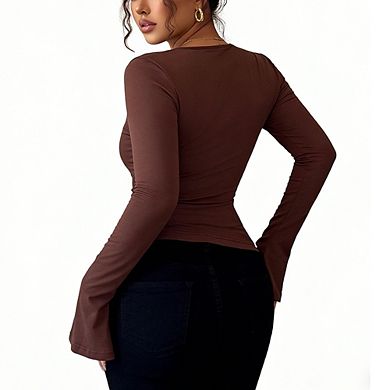 Women's Long Sleeve Keyhole Top with Metal Ring Detail and Flared Cuffs Fitted Blouse