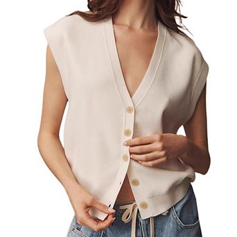 Women's Summer Knit Cardigan Vest V Neck Cap Sleeve Button Solid Color Casual Sweater Tops