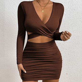 Women's Wrap Cut Out Bodycon Dress Long Sleeve Criss Cross Waist Party Mini Dress