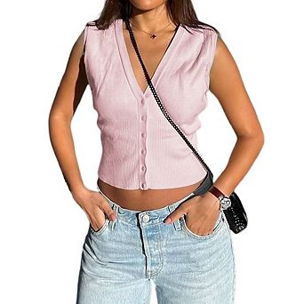 Women's V Neck Knitted Sweater Vest Sleeveless Cardigan Solid Color Button Down Casual Tank Tops