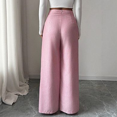 Women's Straight Leg Pants Elegant Button Front High Waisted Loose Flowy Trousers with Pockets