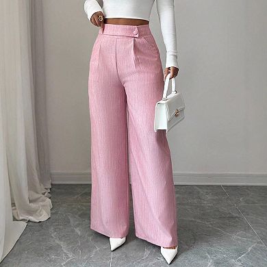 Women's Straight Leg Pants Elegant Button Front High Waisted Loose Flowy Trousers with Pockets