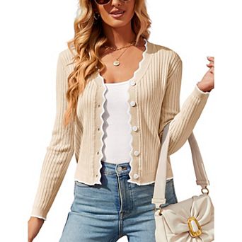 Women's Lettuce Trim Cropped Cardigan Contrast Color Open Front Short Sweater Long Sleeve Knit Shrug