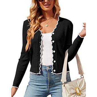 Women's Lettuce Trim Cropped Cardigan Contrast Color Open Front Short Sweater Long Sleeve Knit Shrug