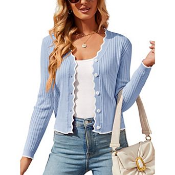 Women's Lettuce Trim Cropped Cardigan Contrast Color Open Front Short Sweater Long Sleeve Knit Shrug