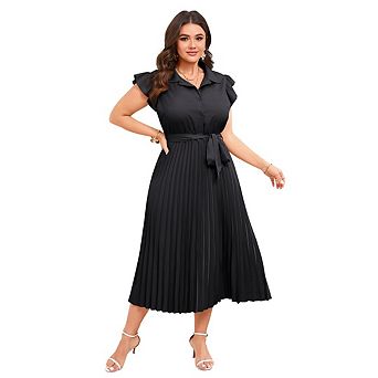 Womens Plus Size Midi Dresses Solid Shirt Dress with Belt Waistline Short Sleeves Dress