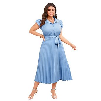 Womens Plus Size Midi Dresses Solid Shirt Dress with Belt Waistline Short Sleeves Dress