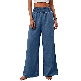 Women's Wide Leg Jeans Smocked High Waist Solid Color Loose Casual Denim Pants