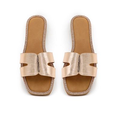 RAIN-8 Rhinestone Trim Criss Cross Slide Sandals Slippers
