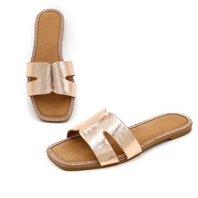 RAIN-8 Rhinestone Trim Criss Cross Slide Sandals Slippers