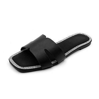 RAIN-8 Rhinestone Trim Criss Cross Slide Sandals Slippers