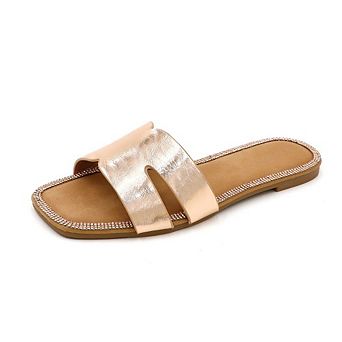 RAIN-8 Rhinestone Trim Criss Cross Slide Sandals Slippers
