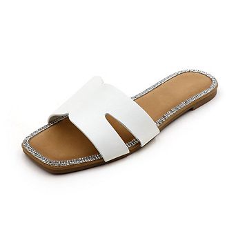 RAIN-8 Rhinestone Trim Criss Cross Slide Sandals Slippers