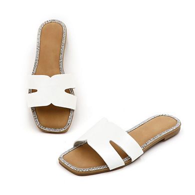 RAIN-8 Rhinestone Trim Criss Cross Slide Sandals Slippers