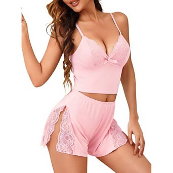Avidlove Womens Lingerie Pajama Set Modal V Neck Cami Set Slit Lace Trim Shorts for Sleepwear