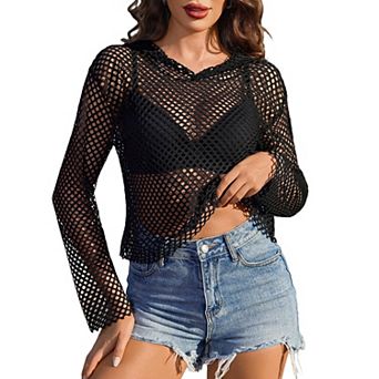 Avidlove Women Fishnet Top Hoodie Long Sleeve Mesh Shirt Pullover Sweatshirt Rave Festival Clubwear