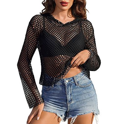 crop hoodie and fish net Los Angeles Apparel Are you ready mesh things up Fishnet Long Sleeve Solid Crop