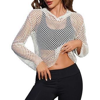 Avidlove Women Fishnet Top Hoodie Long Sleeve Mesh Shirt Pullover Sweatshirt Rave Festival Clubwear