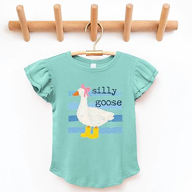 Silly Goose Blue Stripes - Girl's Flutter Sleeve Graphic T-Shirt