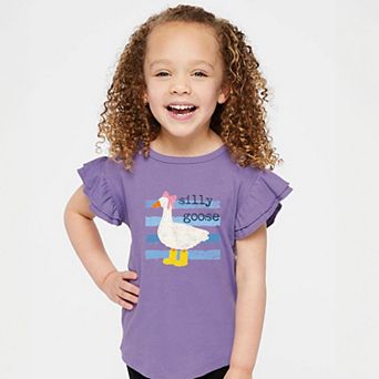 Silly Goose Blue Stripes - Girl's Flutter Sleeve Graphic T-Shirt