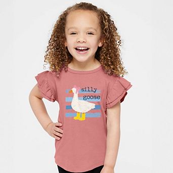 Silly Goose Blue Stripes - Girl's Flutter Sleeve Graphic T-Shirt
