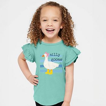 Silly Goose Blue Stripes - Girl's Flutter Sleeve Graphic T-Shirt