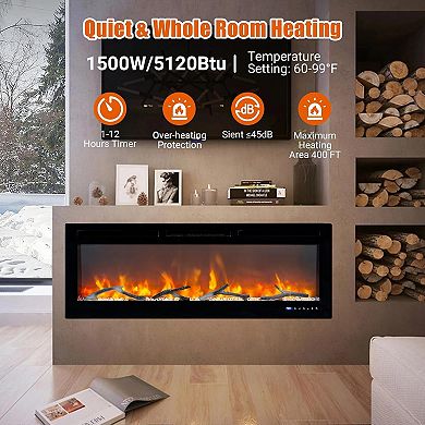 50 Inch WiFi Electric Fireplace with Touch Screen & Remote, 750/1500W Silent Fireplace Heater