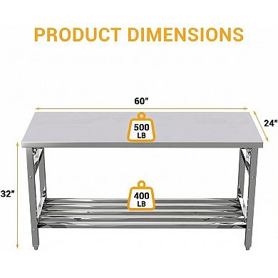 60"×24" 500LBS 2-Tier Stainless Steel Folding Work Table