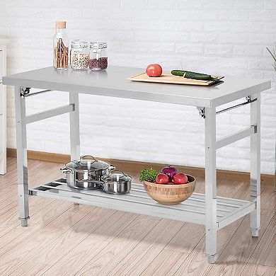 Heavy Duty Folding Stainless Steel Table, Adjustable Undershelf, No Assembly Required