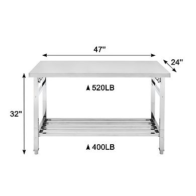 Heavy Duty Folding Stainless Steel Table, Adjustable Undershelf, No Assembly Required