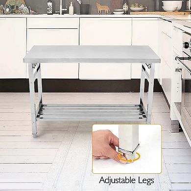 Heavy Duty Folding Stainless Steel Table, Adjustable Undershelf, No Assembly Required