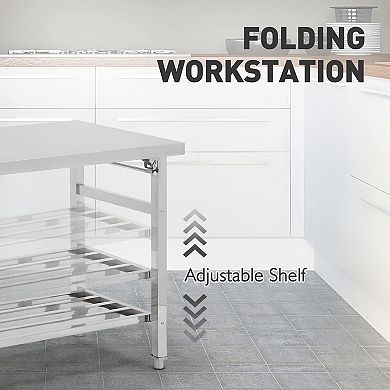Heavy Duty Folding Stainless Steel Table, Adjustable Undershelf, No Assembly Required