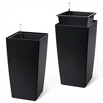 Set of 2 30" Modern Planters, Self-Watering Pots with Drainage, Wheels for Indoor Outdoor