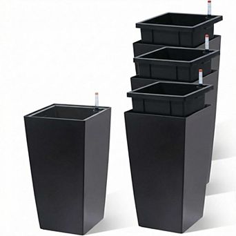 Set of 4 16" Black Planters with Drainage, Water Gauge & Inner Bucket for Indoor Outdoor