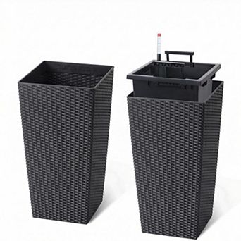Set of 2 Tall Wicker Planters with Drainage Liners, All-Weather Indoor Outdoor Plant Pots