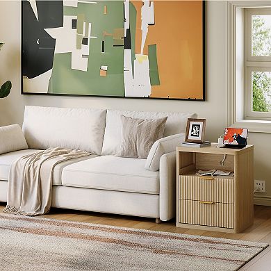 Modern Fluted Nightstands with Charging Station Open Storage Cabinet Metal Handles