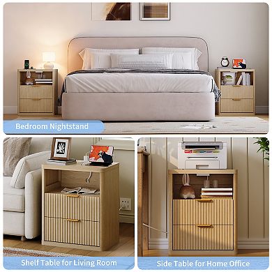 Modern Fluted Nightstands with Charging Station Open Storage Cabinet Metal Handles