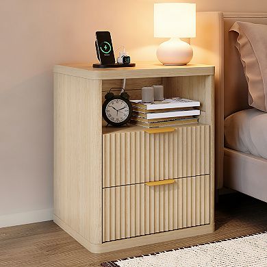 Modern Fluted Nightstands with Charging Station Open Storage Cabinet Metal Handles