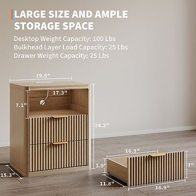Modern Fluted Nightstands with Charging Station Open Storage Cabinet Metal Handles