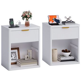Modern Fluted Nightstands with Charging Station Open Storage Cabinet Metal Handles