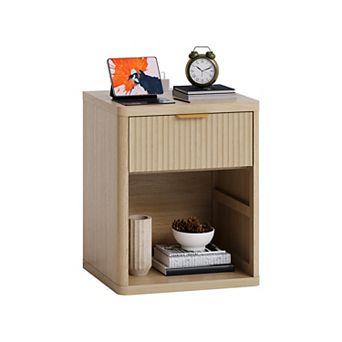 Modern Fluted Nightstands with Charging Station Open Storage Cabinet Metal Handles
