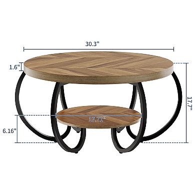 Industrial Coffee Table for Living Room - 30" Round, 2-Tier with Adjustable Feet, Wood Grain Shelf
