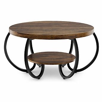 Industrial Coffee Table for Living Room - 30" Round, 2 tier with Adjustable Feet, Wood Grain Shelf