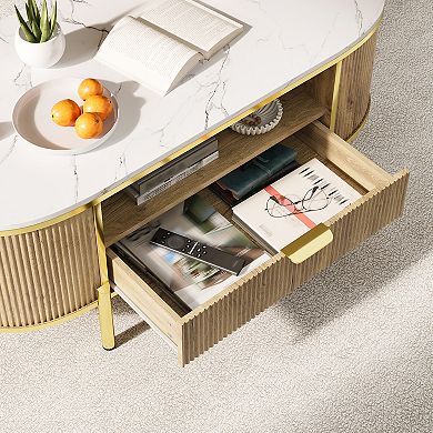 48 Inch Oval Coffee Table with Storage, Modern Luxury Coffee Table with Drawer and Faux Marble Top