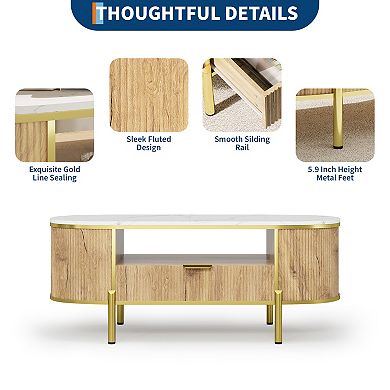 48 Inch Oval Coffee Table with Storage, Modern Luxury Coffee Table with Drawer and Faux Marble Top