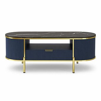 48 Inch Oval Coffee Table with Storage, Modern Luxury Coffee Table with Drawer and Faux Marble Top
