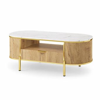 48 Inch Oval Coffee Table with Storage, Modern Luxury Coffee Table with Drawer and Faux Marble Top