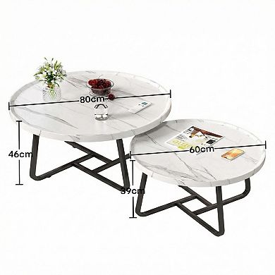Mid Century Modern Nesting Coffee Table Set of 2 Fluted Wood Design Space-Saving Circle Tables