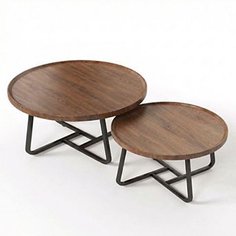 Mid Century Modern Nesting Coffee Table Set of 2 Fluted Wood Design Space-Saving Circle Tables