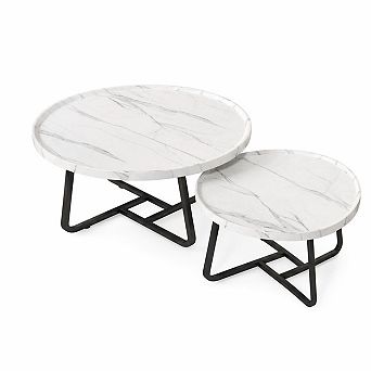 Mid Century Modern Nesting Coffee Table Set of 2 Fluted Wood Design Space-Saving Circle Tables